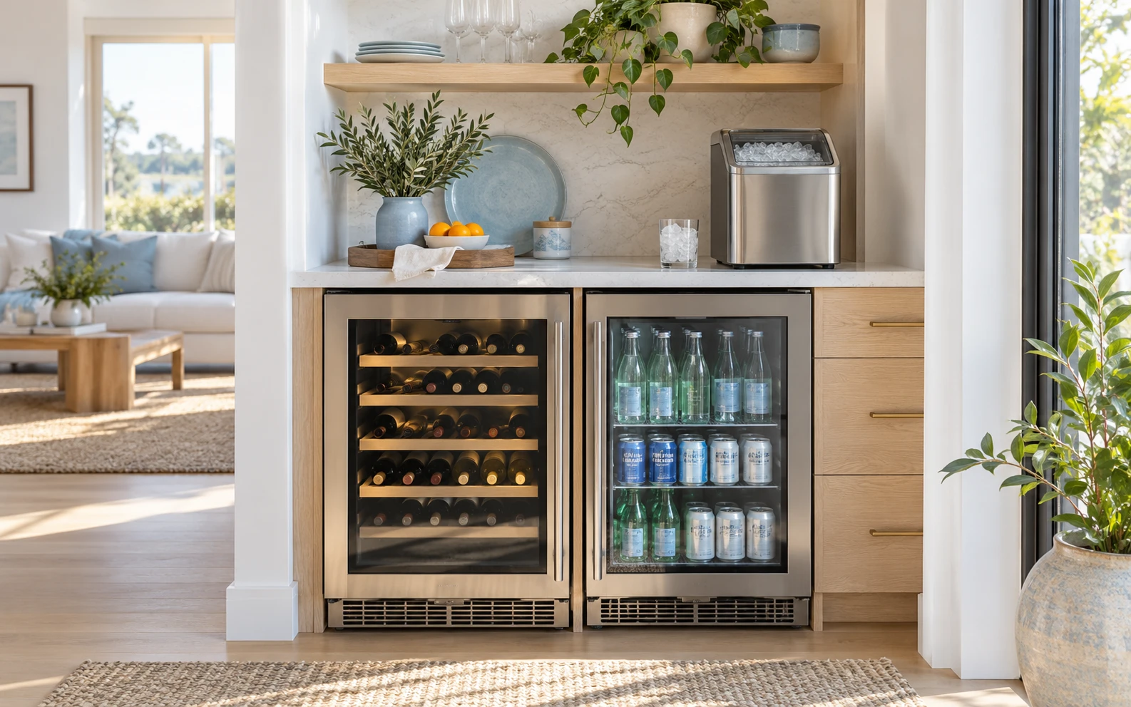 A wine cooler, beverage refrigerator and countertop ice maker in a bright kitchen