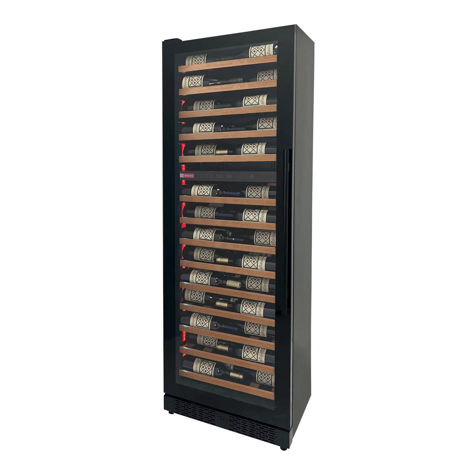 Reserva Series 67 Bottle 71" Tall Dual Zone Left Hinge Black Shallow Wine Refrigerator with Wood Front Shelves — Allavino, model VSW6771D-2BL-WD