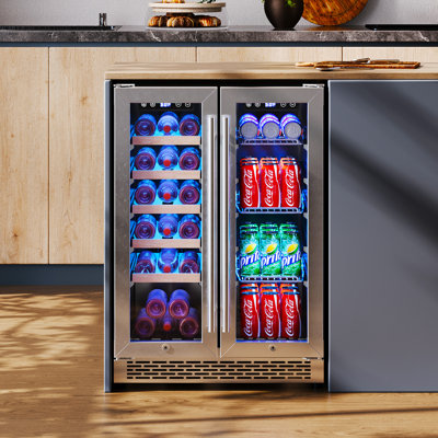 24" Dual Zone Beverage Refrigerator Glass Door Wine & Beer Cooler, Holds 20 Bottles & 78 Cans, Built-In or Freestanding for Kitchen, Bar, Office, 34 | Fridge.com