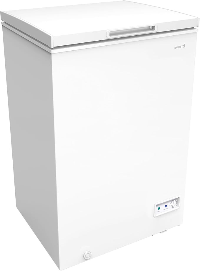 Avanti 3.5 Cu. Ft. Garage Ready Chest Freezer with Removable Storage Basket, External Temperature Control, Manual Defrost, Power Indicator Light, White | Fridge.com