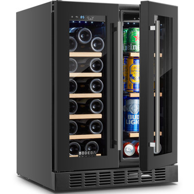 BODEGA 23.43" Dual Zone Wine & Beverage Refrigerator, 17-Bottle & 41-Can Built-In or Freestanding Cooler with Premium Full Glass Door, Black Finish, D | Fridge.com
