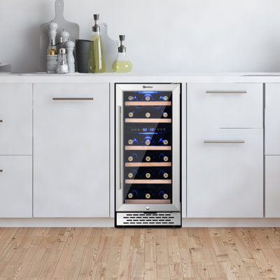 15 Inch Wine Fridge Under Counter- 28 Bottle Dual Zone Stainless Steel Wine Refrigerator, Freestanding Wine Cooler with Glass Door/Safety Lock | Fridge.com