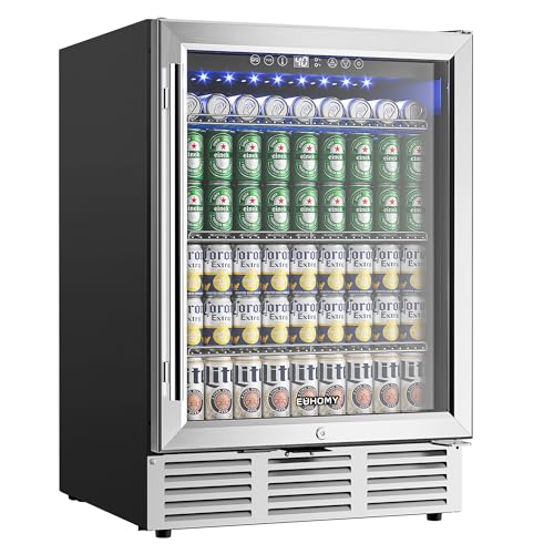 Euhomy 24 Inch Beverage Refrigerator, 180 Can Built-in Beverage Cooler, Under Counter Beer Fridge with Glass Door
