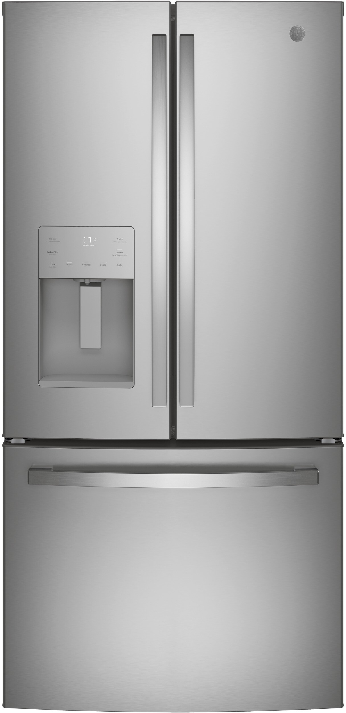 33 in. Wide 23.7 Cu. Ft. French Door Refrigerator with Space Saving Ice Maker - Stainless Steel — GE, model GFE24JYKFS