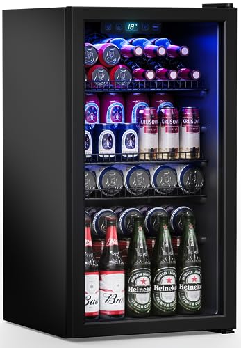 Manastin Beverage Refrigerator Cooler-130 Cans Freestanding Mini Fridge Cooler with Glass Door, Adjustable Shelves & Digital Temperature Display for Soda, Wine or Beer (Black, 3.2 Cu.Ft) | Fridge.com