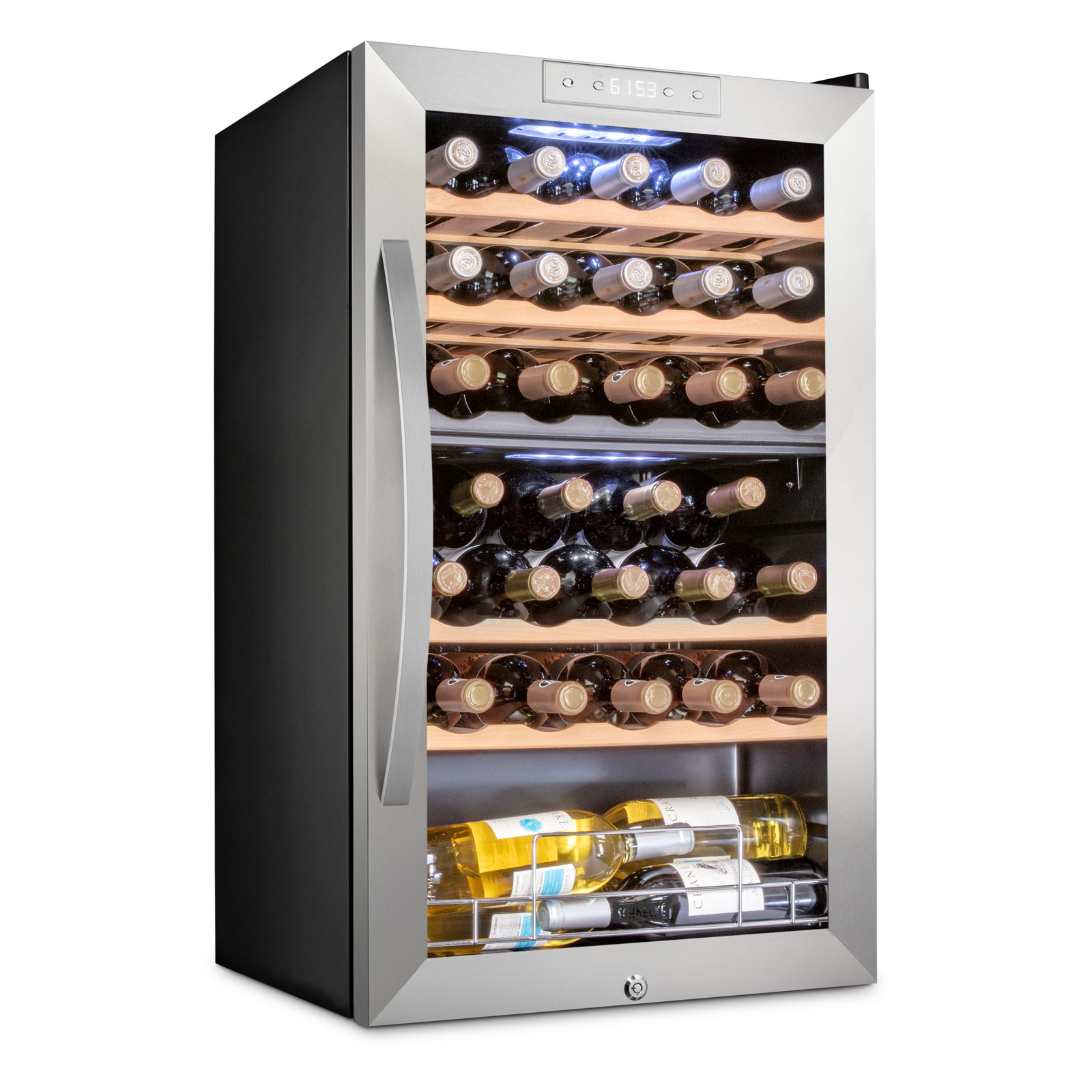 33 Bottle Dual Zone Wine Cooler Refrigerator W/Lock - Large Freestanding Wine Cellar For Red — Schmck, model SHMFWCC331DLWSS