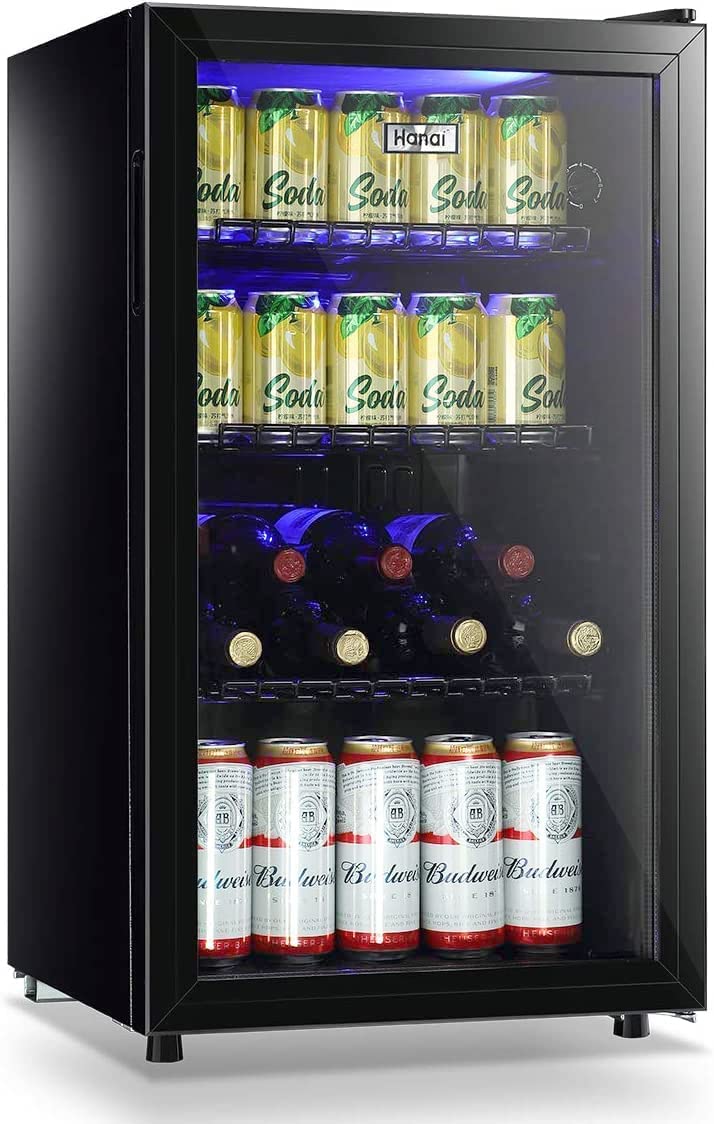 WANAI 17.3'' W Freestanding 120 Cans (12 oz.) 3.5 Cubic Feet Beverage Cooler with Wine Storage and Glass Door