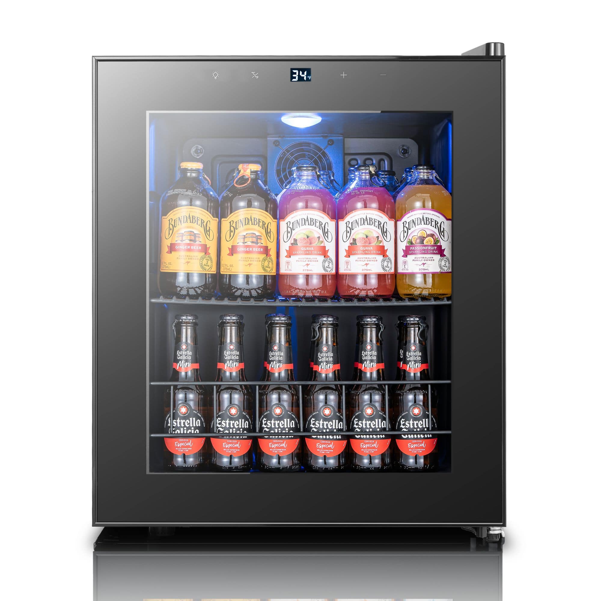 Compact 60-Can Beverage Cooler With Double Glass Door 34F to 54F Mini Beverage Fridge For Beer — YEEGO, model YG-BSJC46-25US