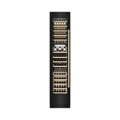 ZLINE Autograph 18 in. 9.0 cu. ft. Triple Zone 68 Bottle Hinge Column Wine Cooler in Black Stainless Steel with Accents | Fridge.com